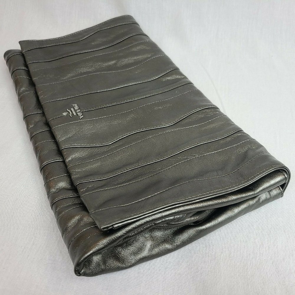 Prada metallic gray Nappa Waves leather clutch bag